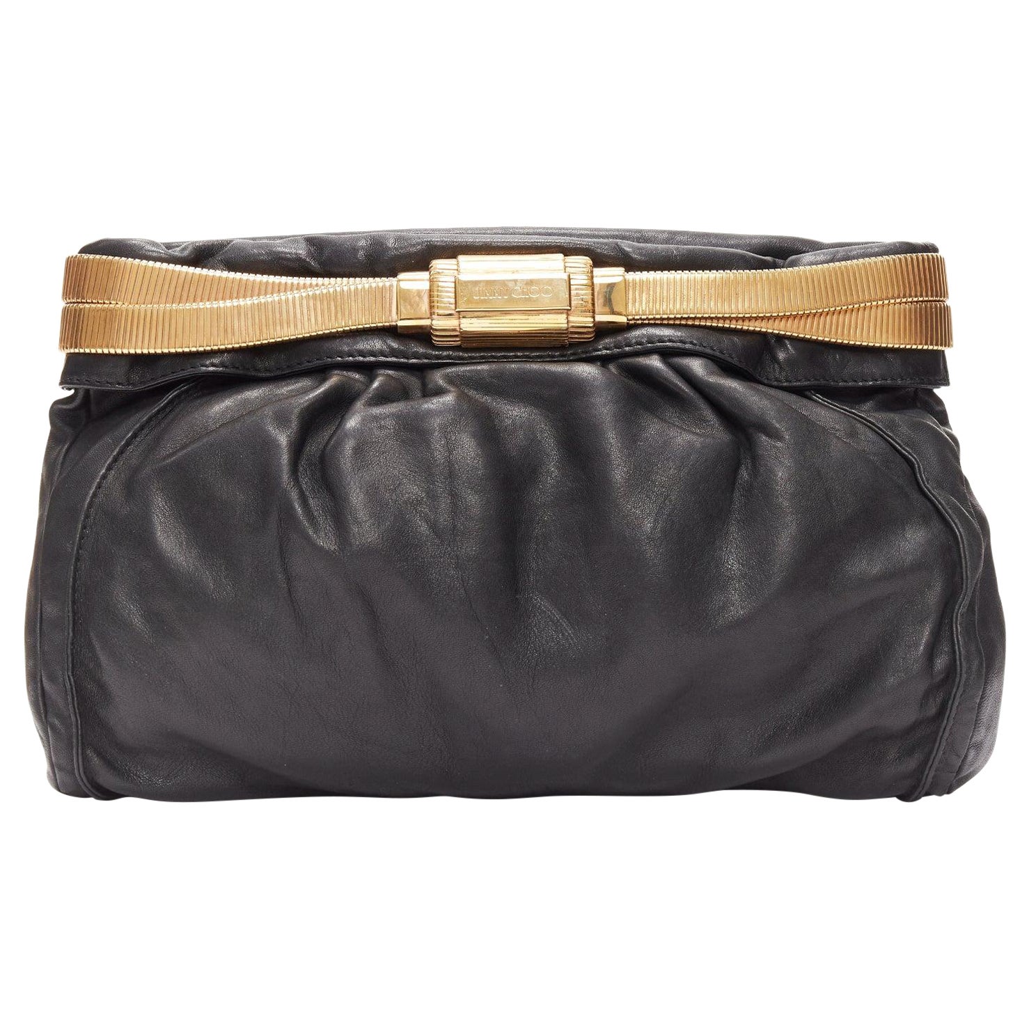 JIMMY CHOO black soft leather gold chain logo zip oversized clutch bag For Sale