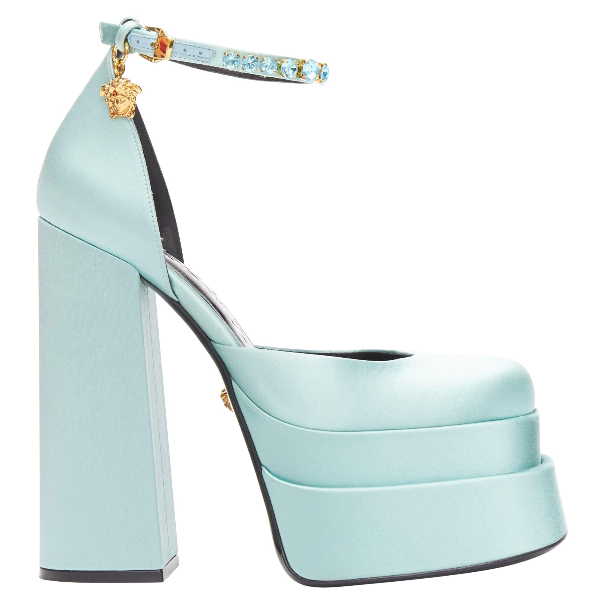 VERSACE Medusa Aevitas sky blue satin Medusa charm platform heels 37.5 For Sale