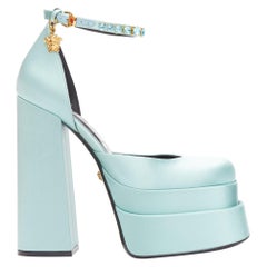 Used VERSACE Medusa Aevitas sky blue satin Medusa charm platform heels 37.5