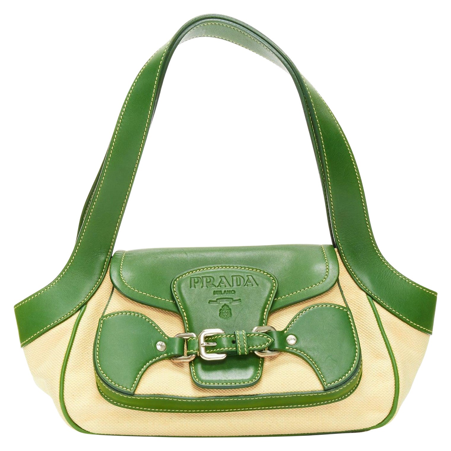 rare PRADA Vintage green calfskin logo beige canvas small shoulder handbag