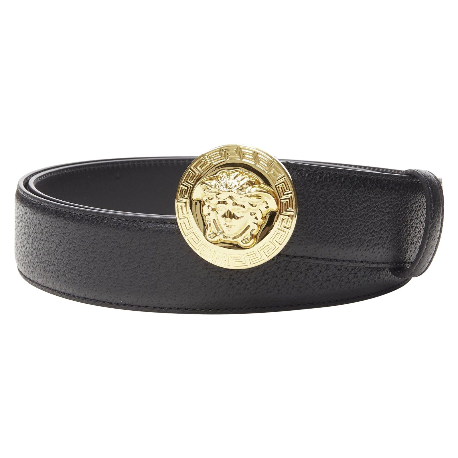 VERSACE Medusa Medallion Coin gold buckle black leather belt 115cm 44-48" For Sale