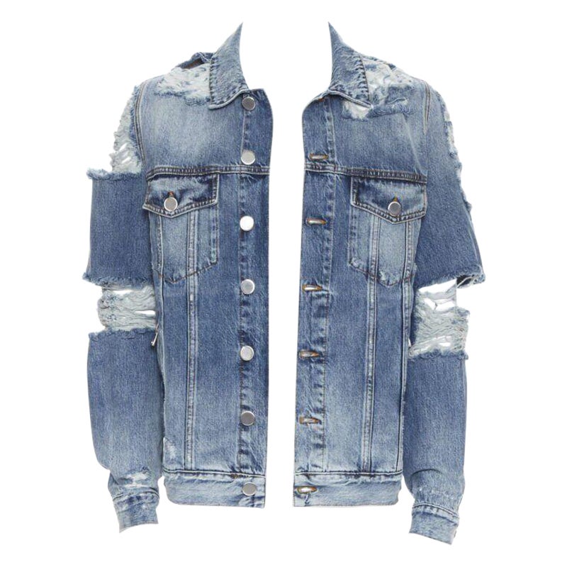 BALMAIN blue washed heavy distressed holey casual cotton denim jacket S For Sale