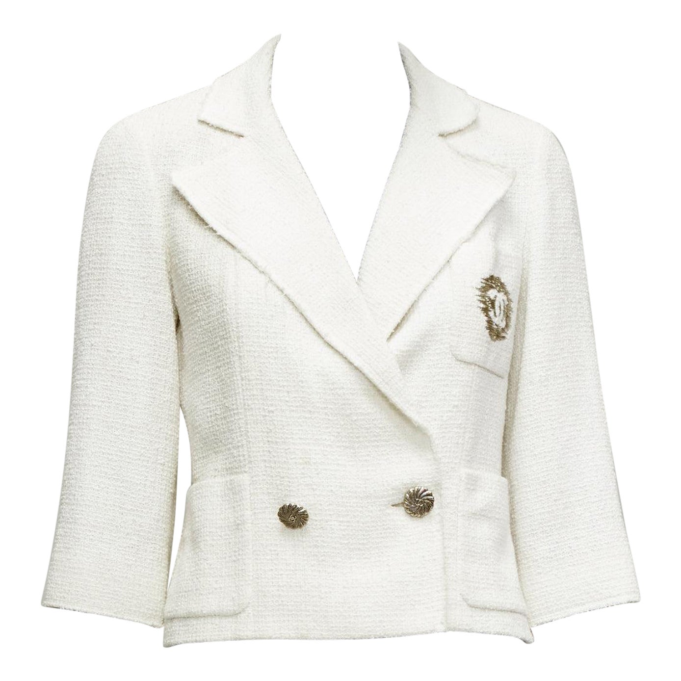 CHANEL white cotton tweed CC embroidery pocket cropped schoolboy jacket FR36 S For Sale