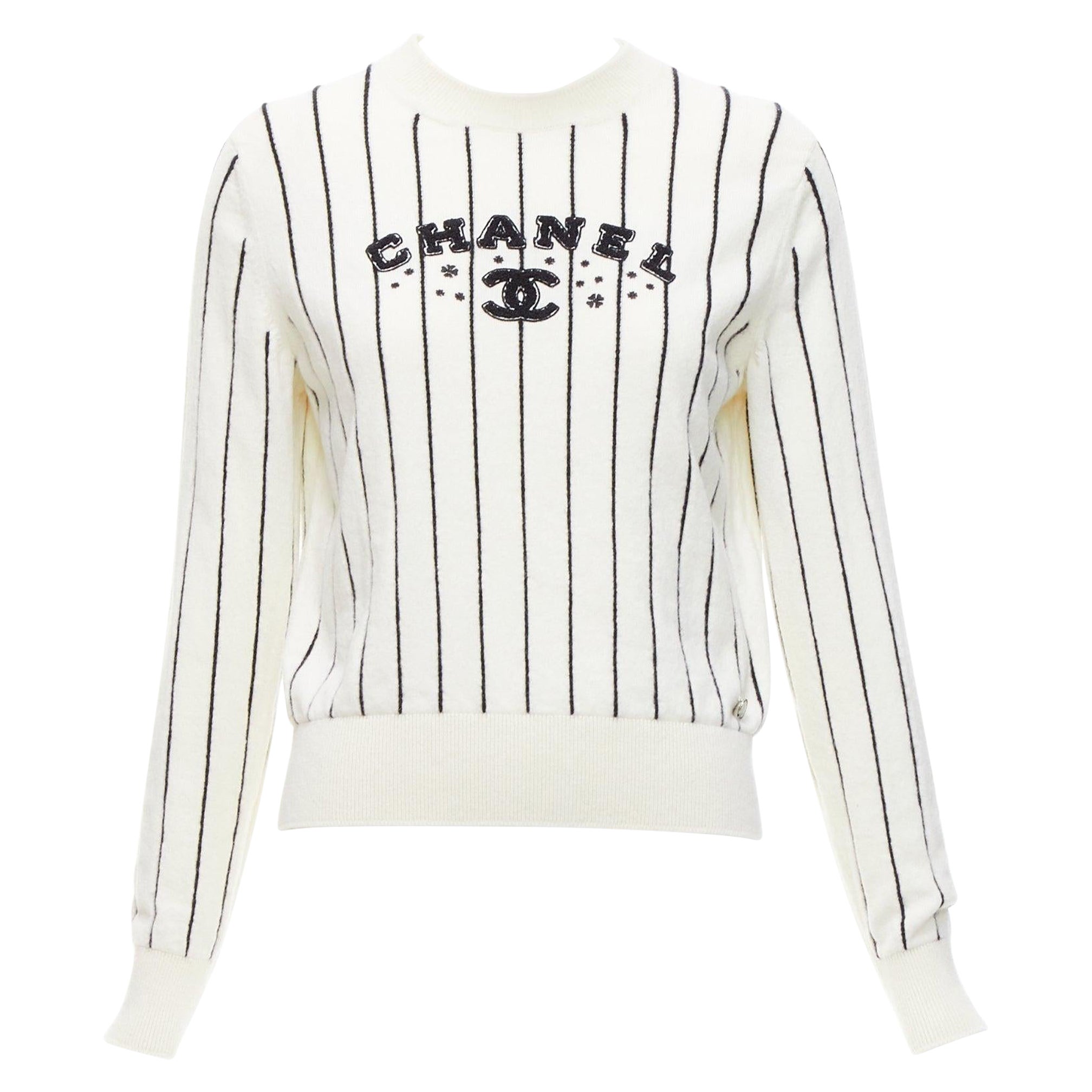 CHANEL 2023 100% cashmere cream black striped logo varsity sweater top FR36 S For Sale