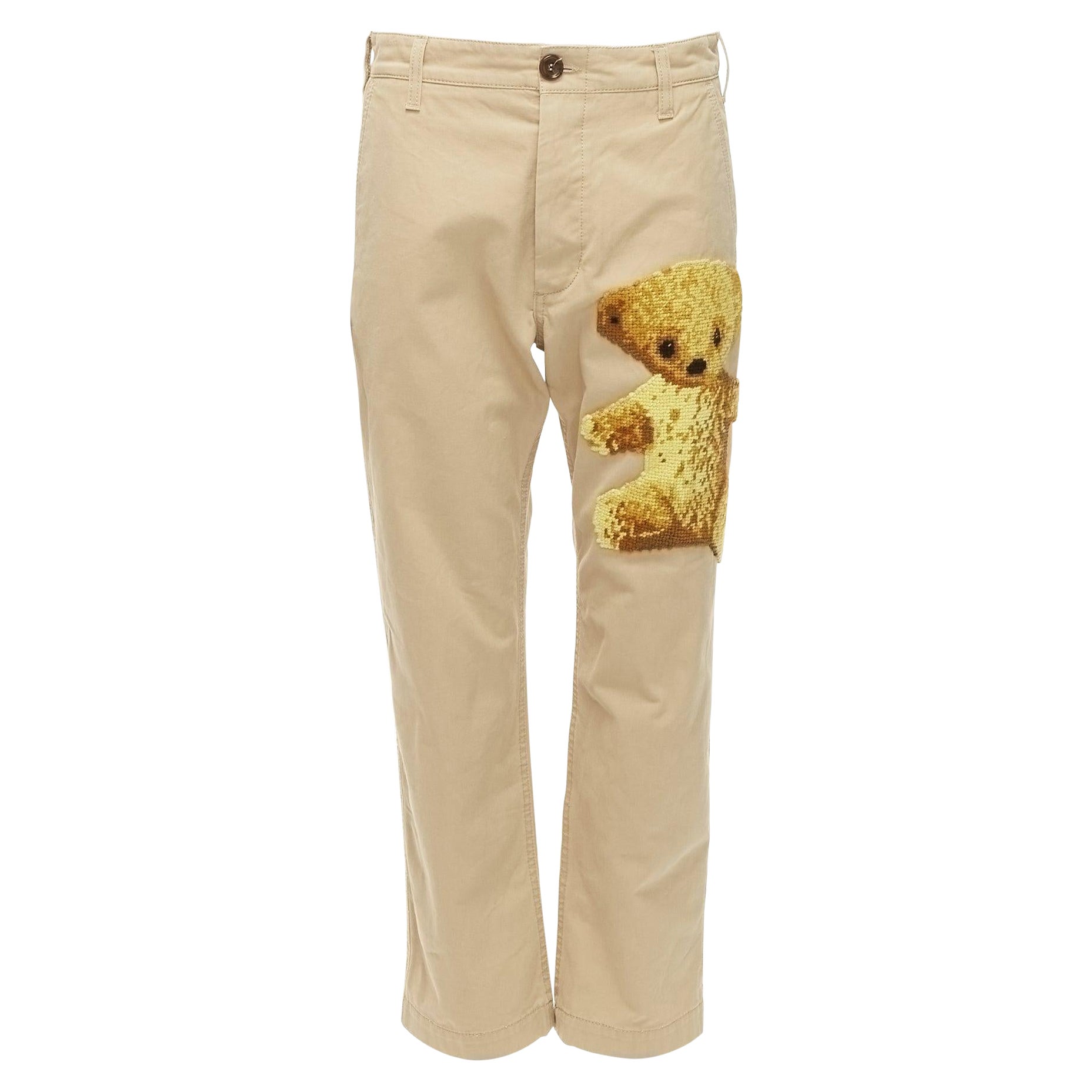 GUCCI Alessandro Michele brown Teddy Bear embroidery beige chino pants 30" For Sale