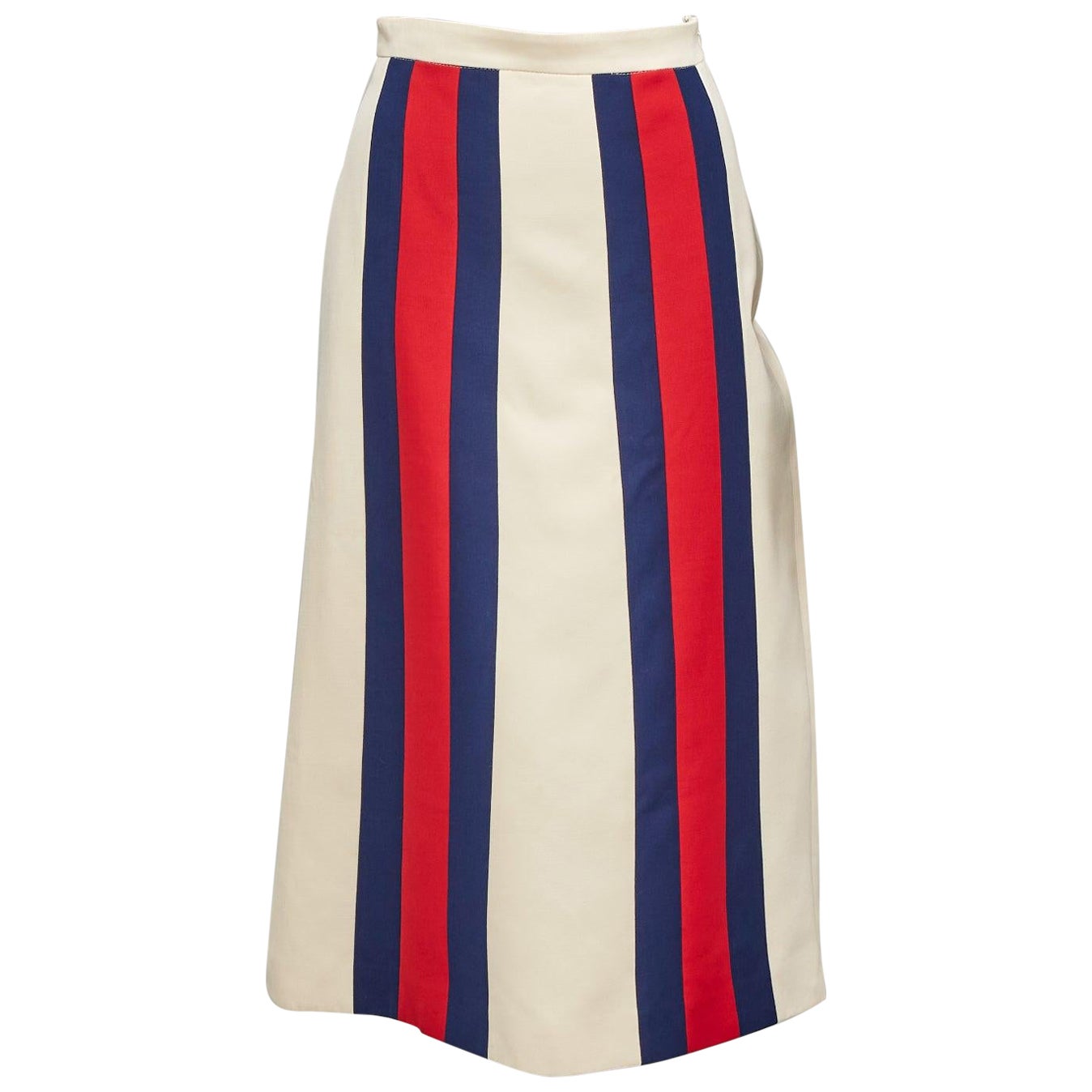GUCCI blue red web trim front beige textured Aline midi skirt For Sale