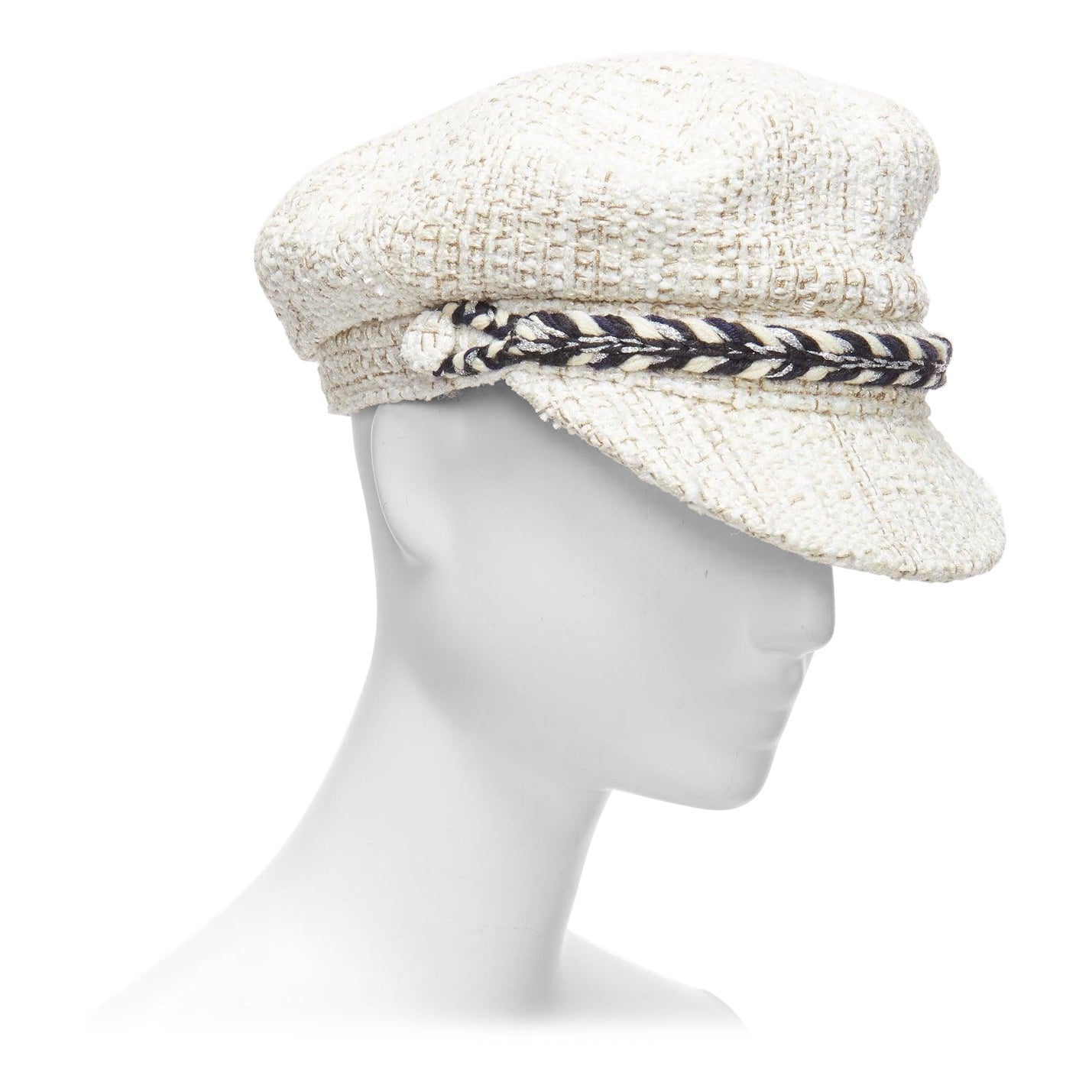 CHANEL 2017 Runway white cotton tweed black rope sailor newsboy hat S For Sale