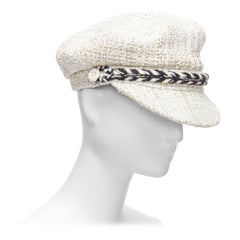Chanel 2017 Runway white cotton tweed black rope sailor newsboy hat S.