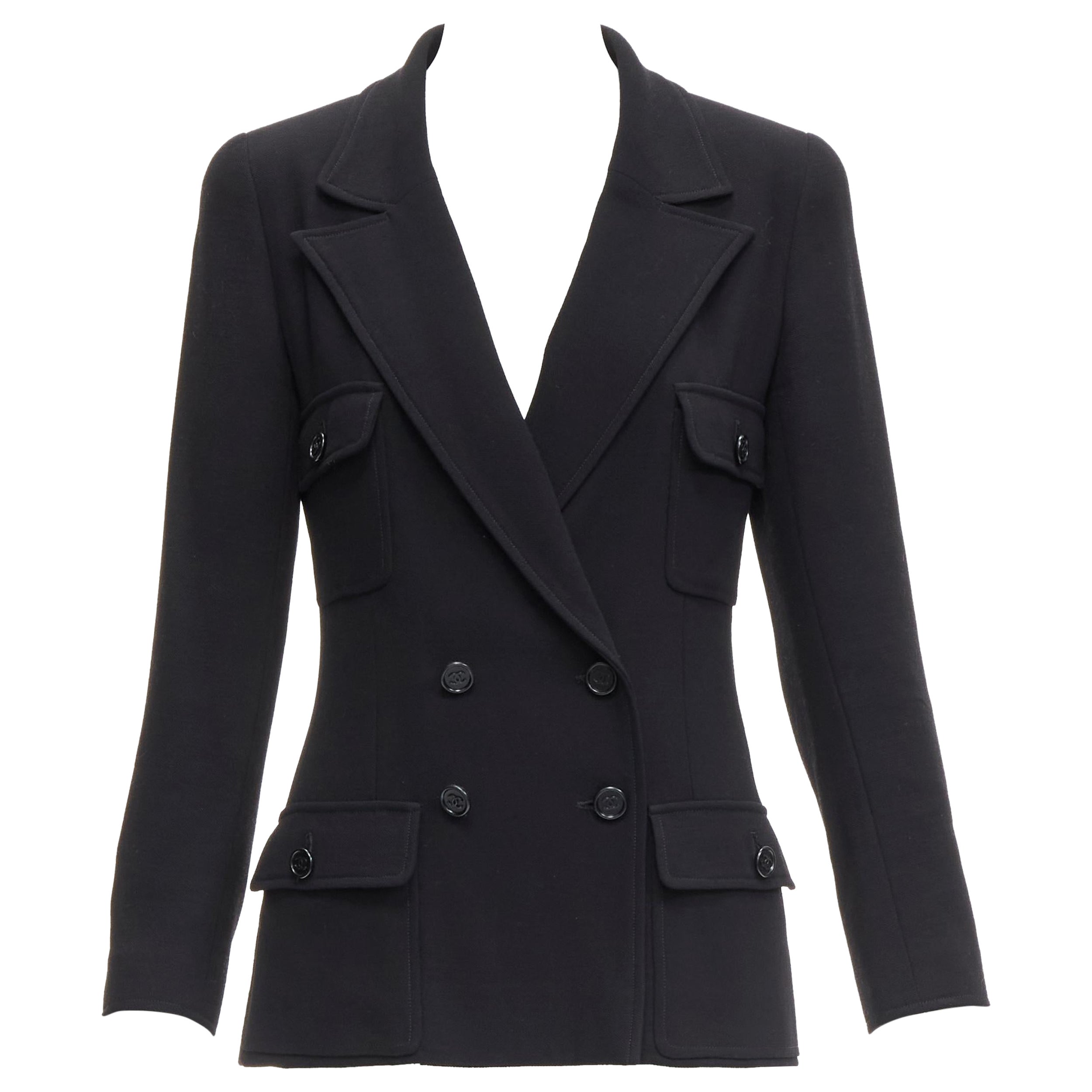 CHANEL Vintage black wool crepe CC button silk lined little black jacket For Sale