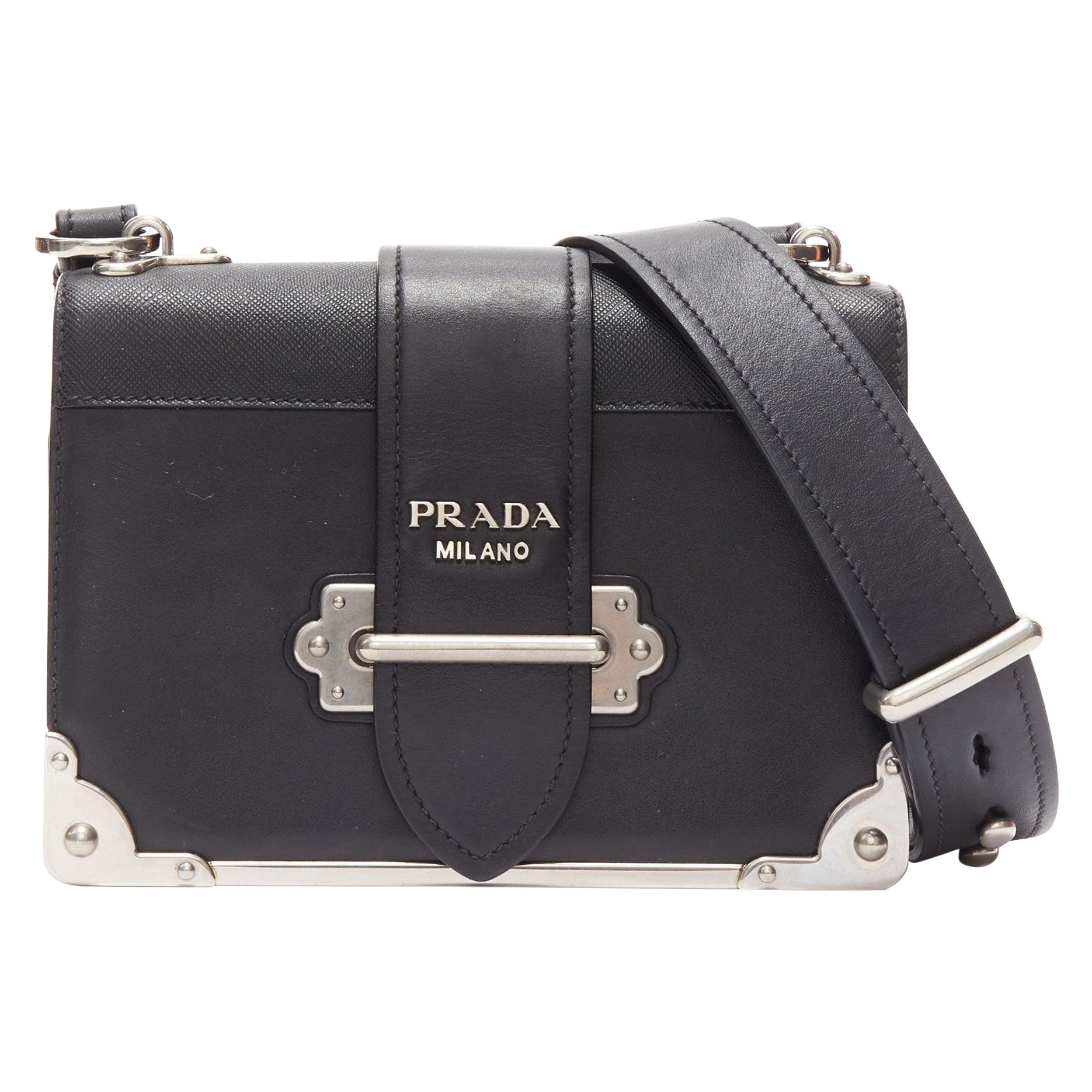 PRADA Cahier black saffiano leather silver logo baroque shoulder box bag
