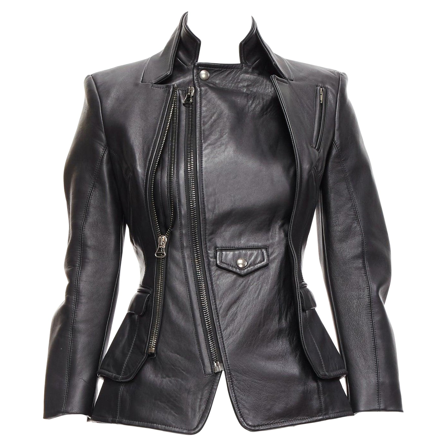 ALTUZARRA black nappa leather double collar deconstructed biker jacket FR34 XS For Sale