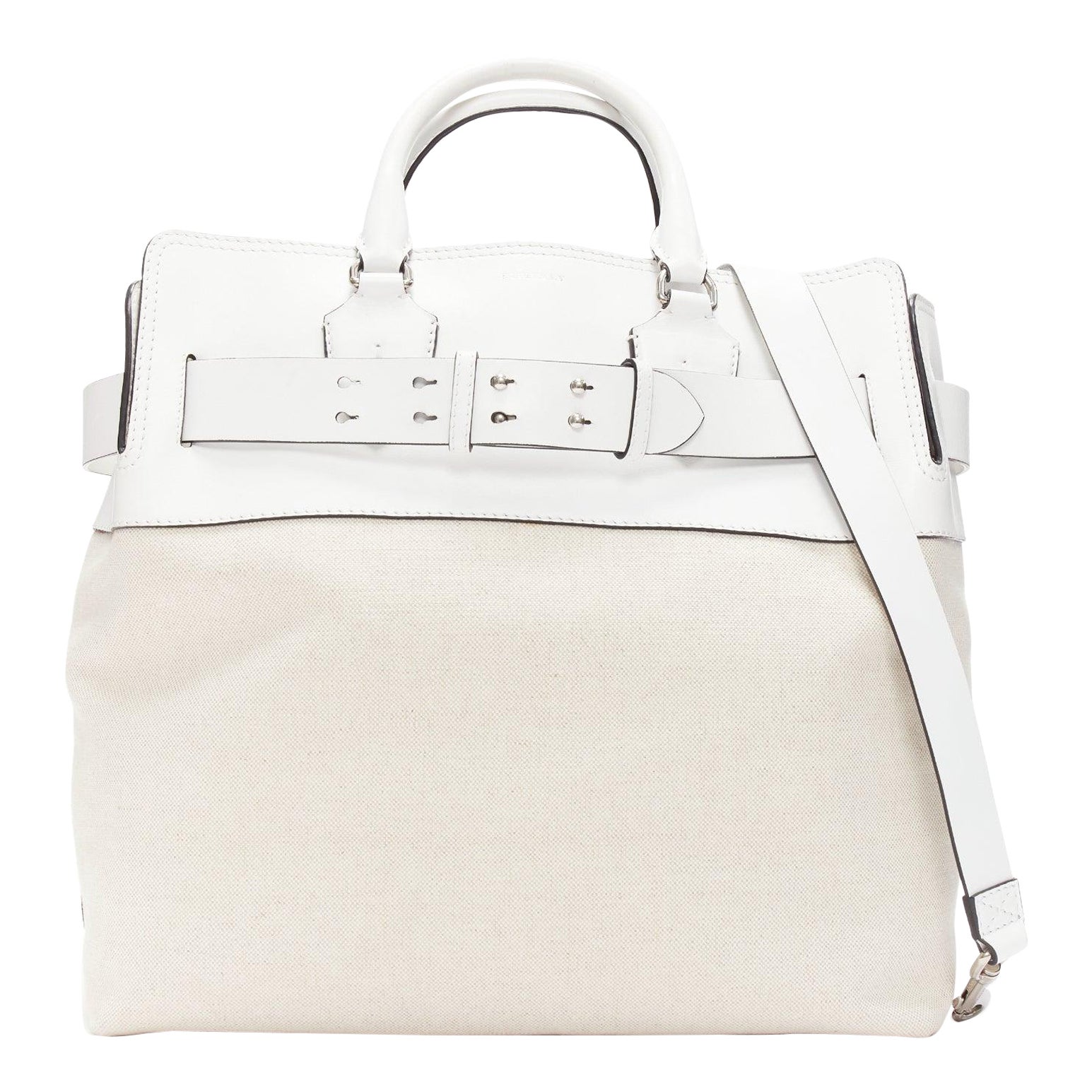 BURBERRY white leather beige canvas studded belt shoulder travel satchel bag