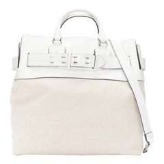 BURBERRY white leather beige canvas studded belt shoulder travel satchel bag