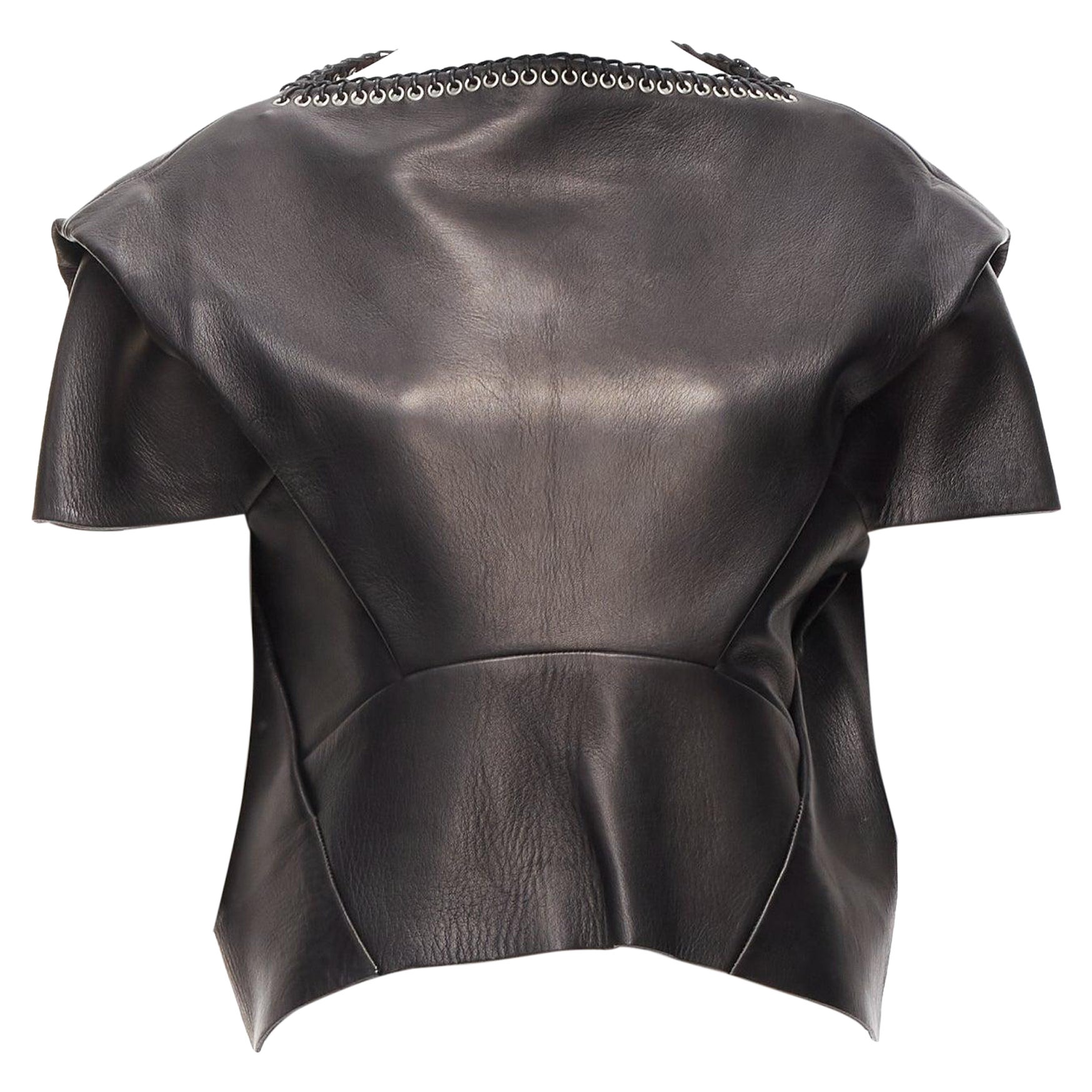 BALENCIAGA 2014 black lambskin leather grommet stud boxy cropped top FR36 S For Sale