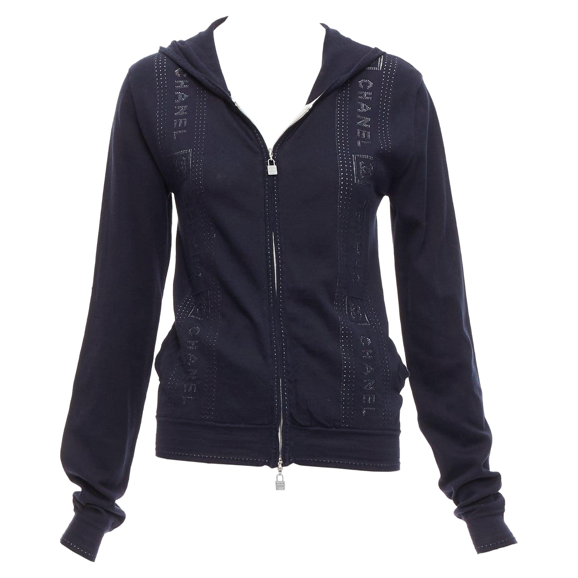 CHANEL Karl Lagerfeld 07c Sports cotton logo trim lock hoodie jacket FR34 XS For Sale