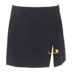 VERSACE black wool gold Medusa safety pin high slit mini skirt IT42 M