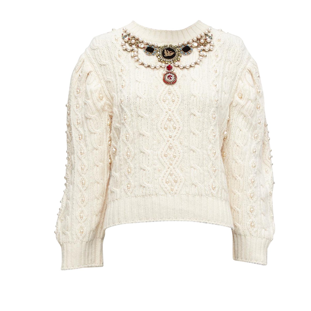 GUCCI 2016 cream wool cashmere faux pearl necklace embellished cable sweater S For Sale