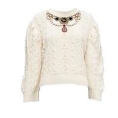 Used GUCCI 2016 cream wool cashmere faux pearl necklace embellished cable sweater S