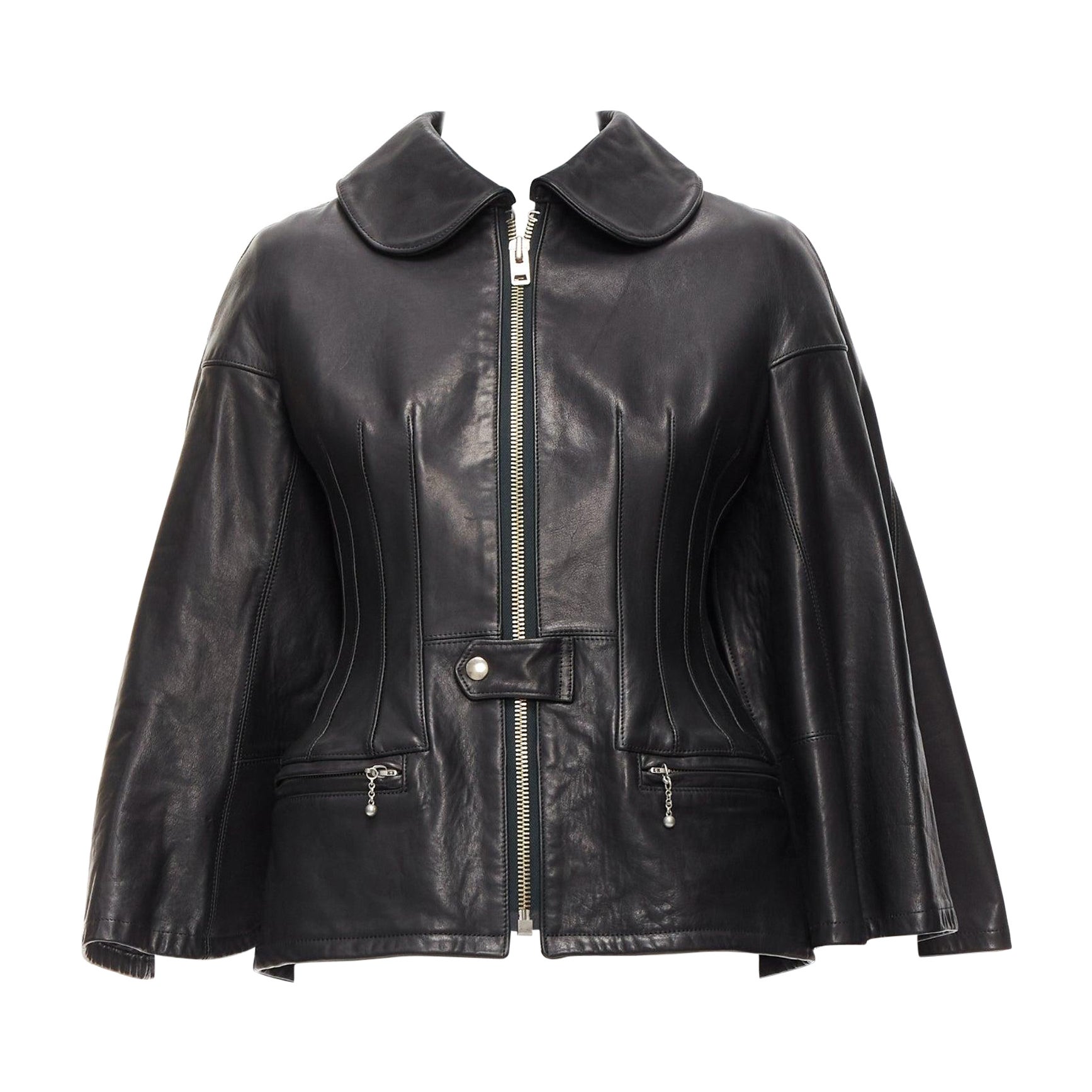 JUNYA WATANABE 2011 Runway black leather corset bodice cape sleeve jacket XS For Sale