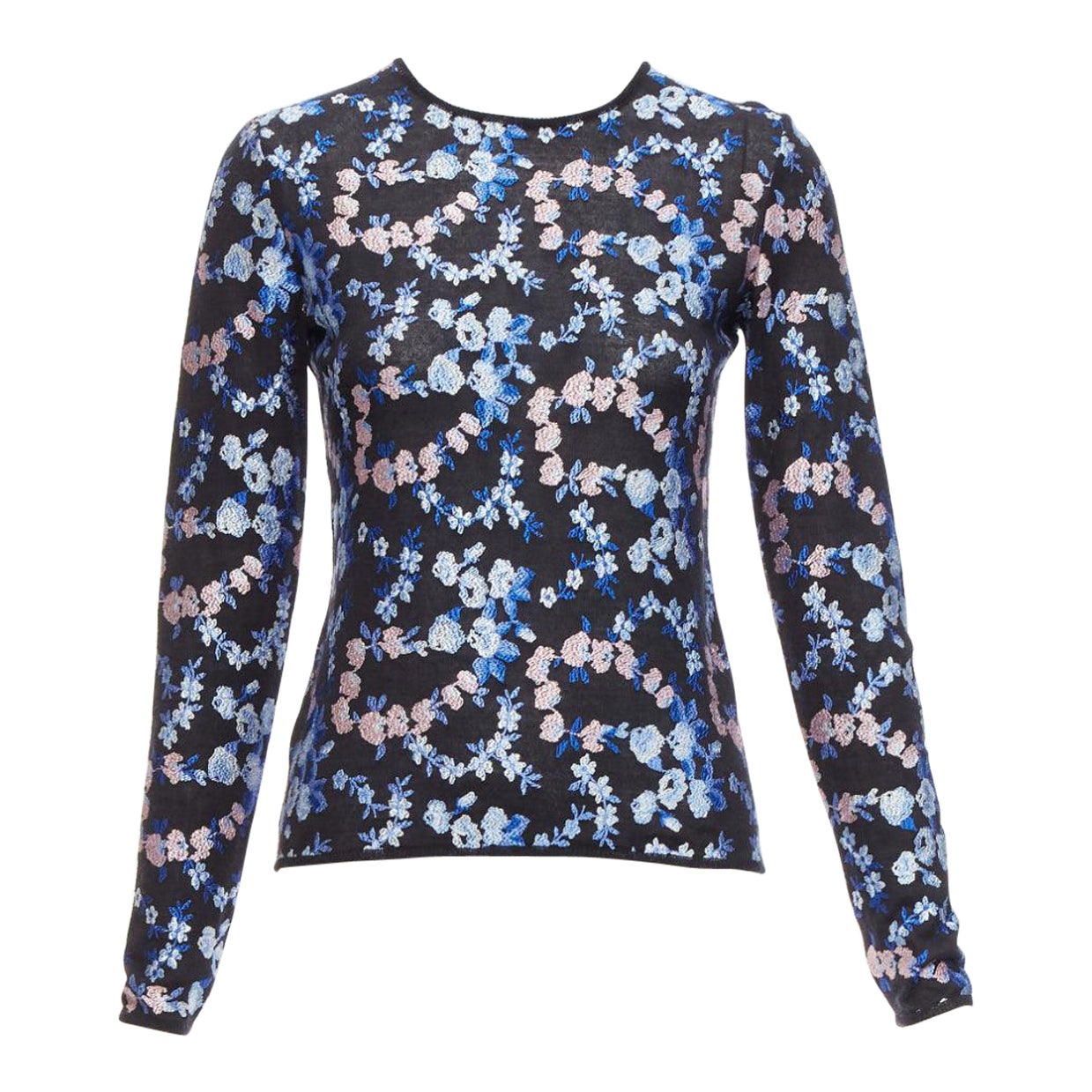 GIAMBATTISTA VALLI black cashmere silk blue pink flower embroidery top IT38 XS For Sale