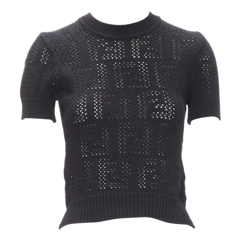 FENDI FF Zucca black cotton knit crochet sweater top IT36 XS For Sale