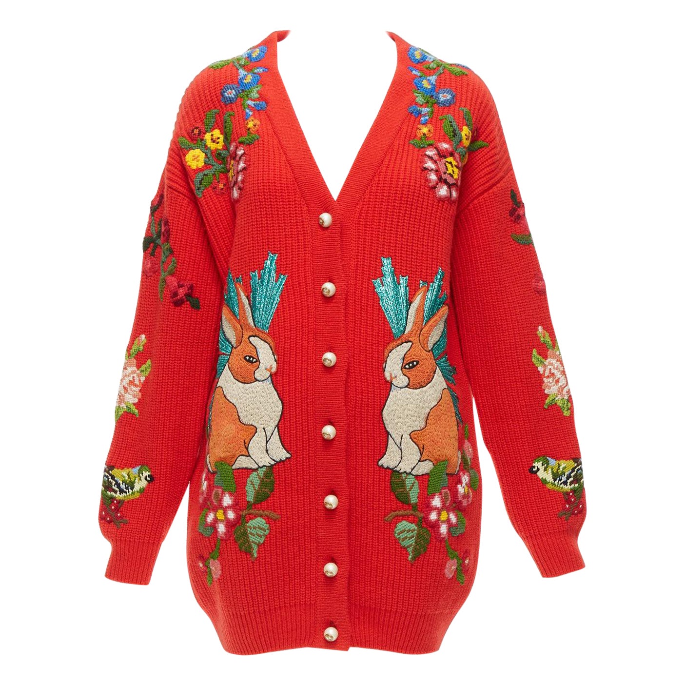 GUCCI Alessandro Michele red wool rabbit embroidery patch oversized cardigan S For Sale