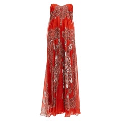 ALEXANDER MCQUEEN 2016 red 100% silk paisley strapless flowy maxi gown IT36 XXS