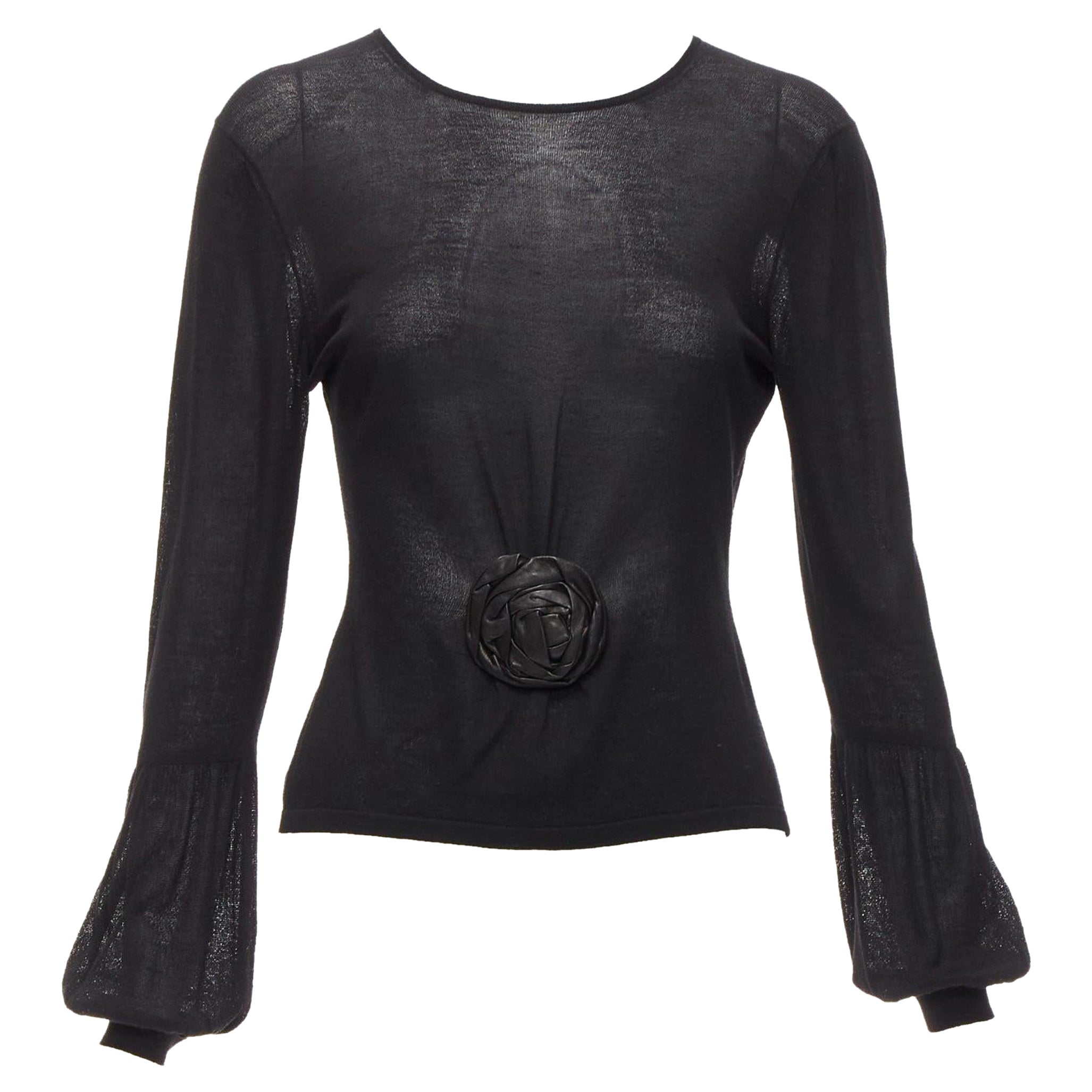 GUCCI Tom ford Vintage Runway black leather rosette puff sleeve sweater For Sale