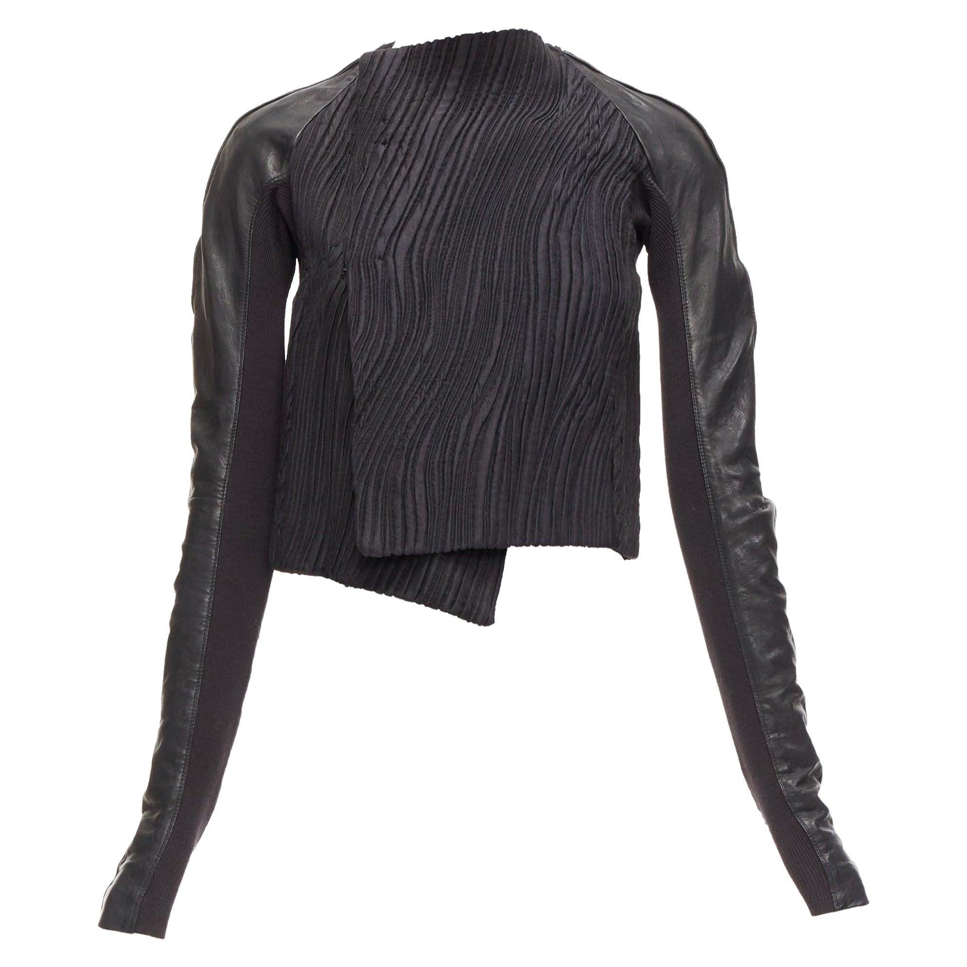 RICK OWENS black leather sleeves textured quilted silk wrap jacket IT40 S For Sale