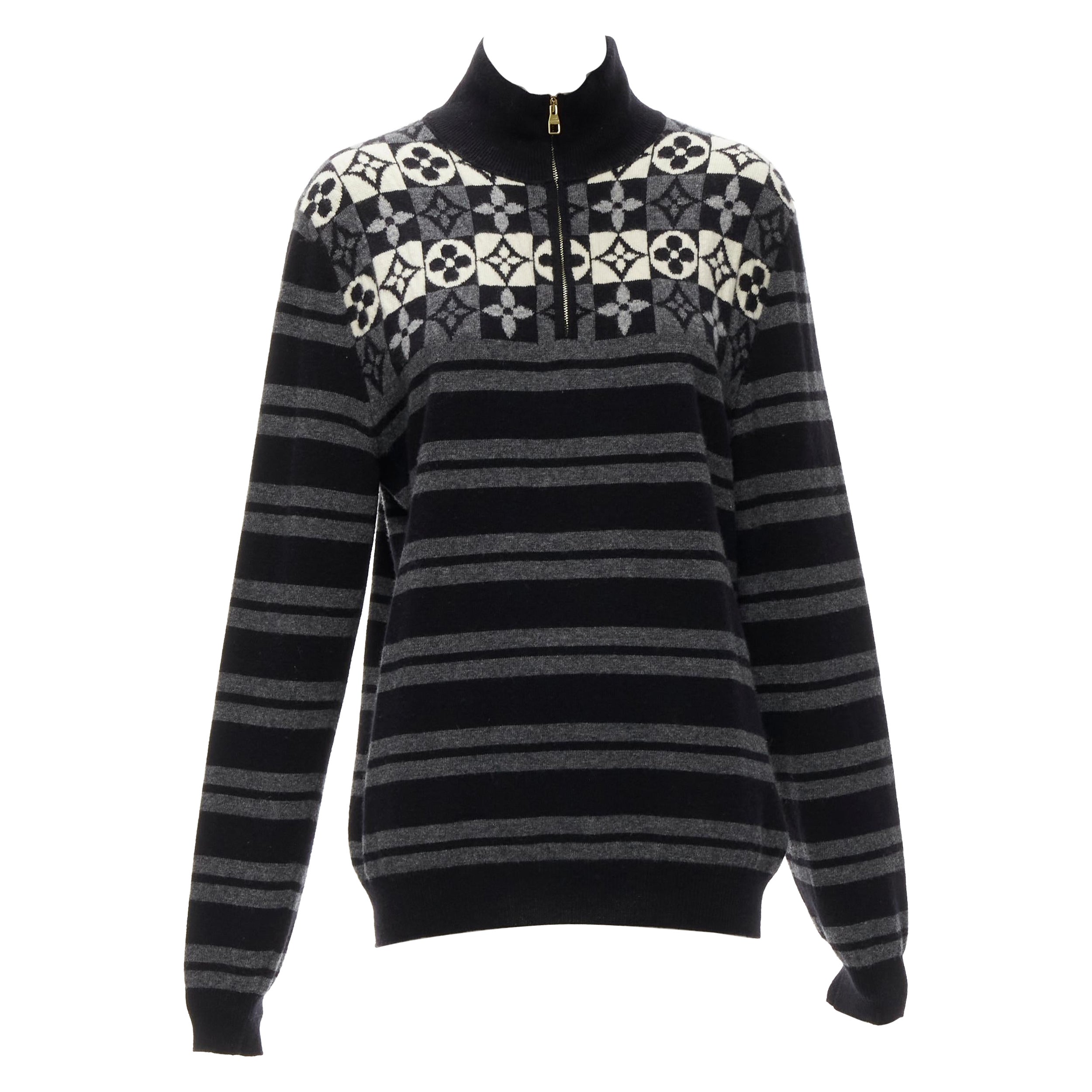 LOUIS VUITTON 100% wool LV floral motive stripe turtle neck knit sweater M For Sale
