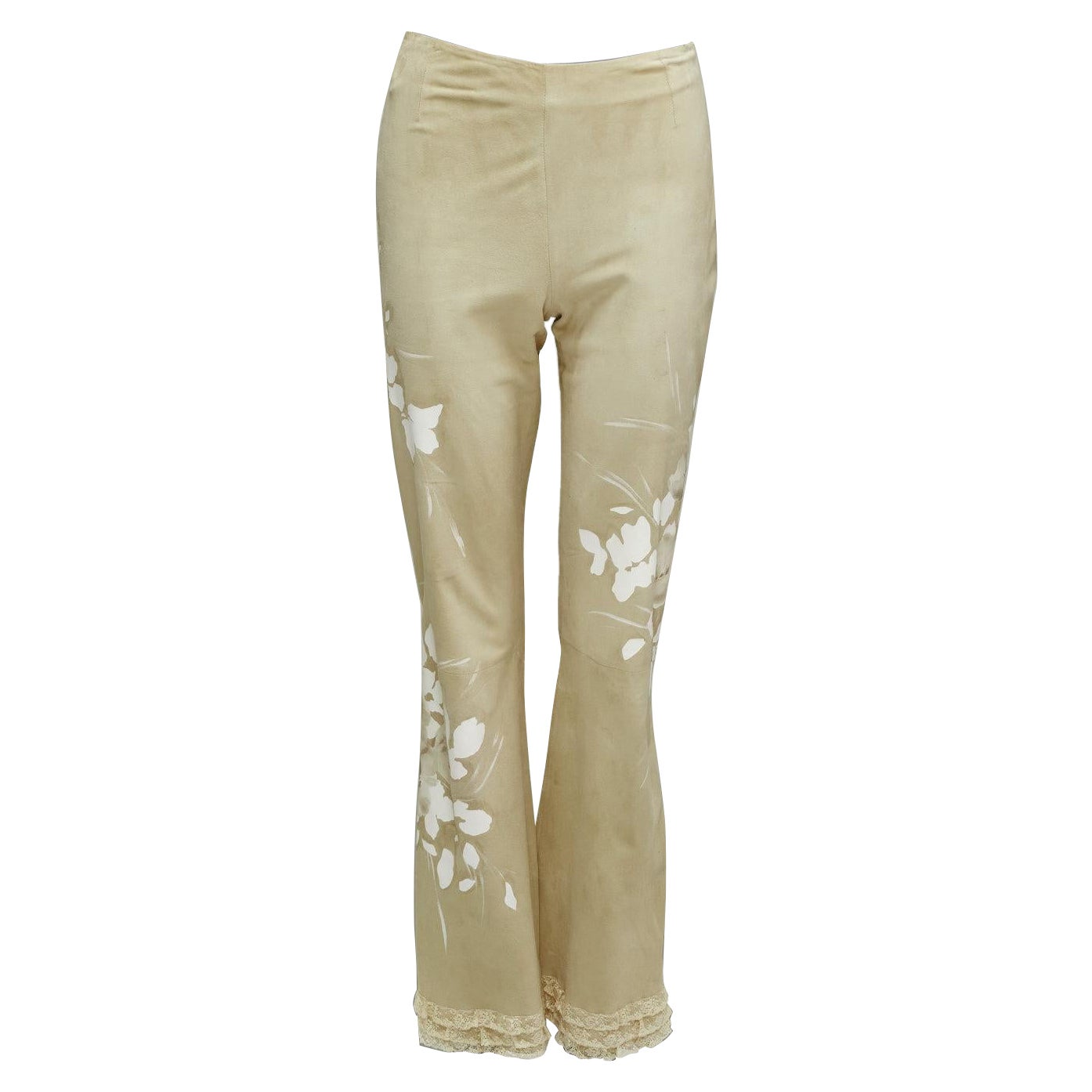 VALENTINO Vintage beige hand painted floral lambskin suede leather pants UK6 XS For Sale