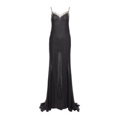GIANNI VERSACE Vintage Schwarzes durchsichtiges langes Kleid mit Kettendetail und Spitzenbesatz IT38 XS