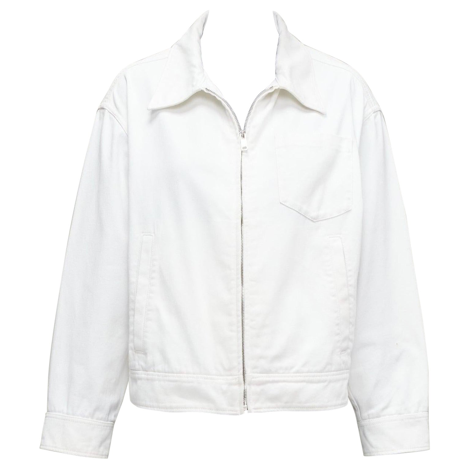 PRADA 2021 white denim 3D logo back pocketed cropped zip up jacket M For Sale