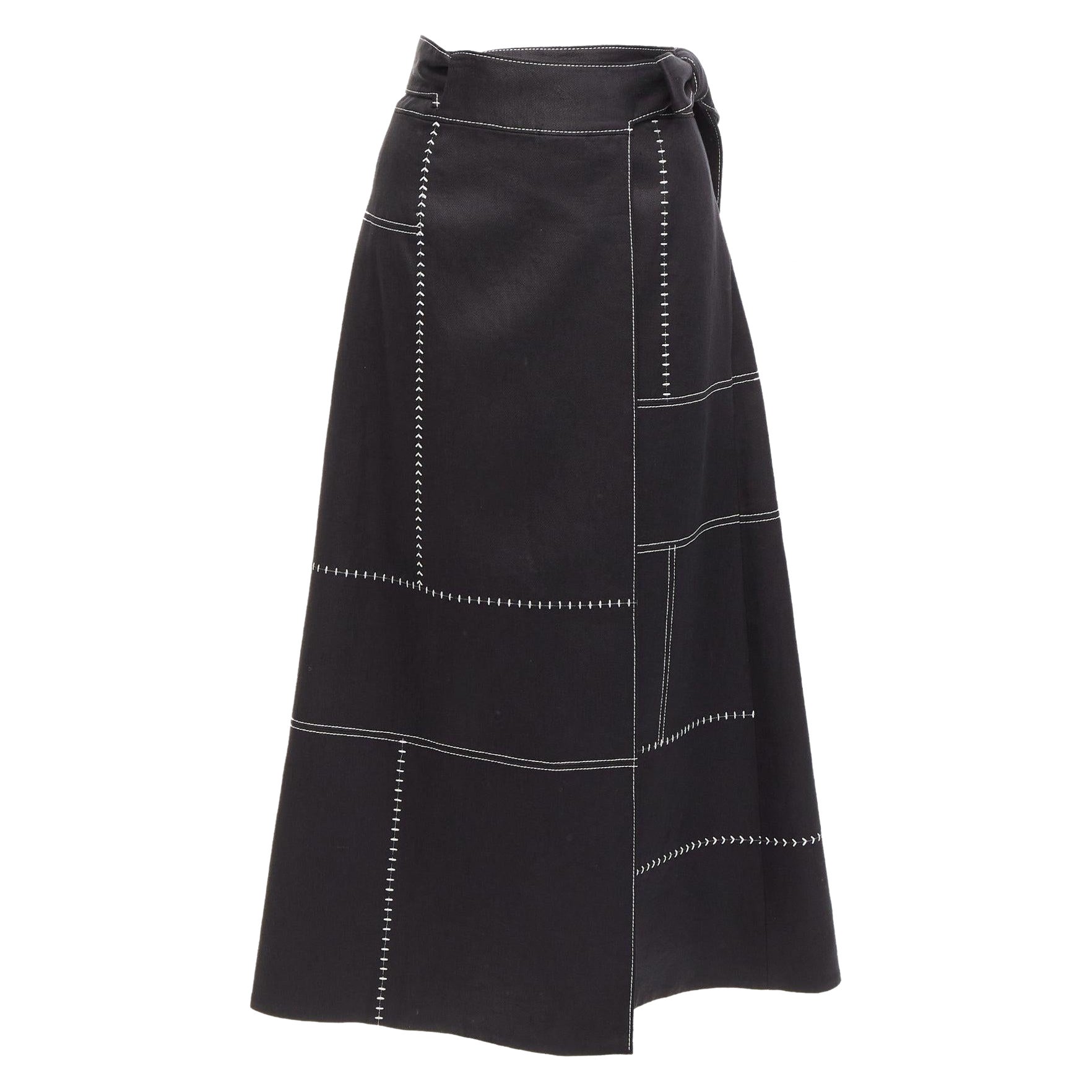 GABRIELA HEARST black 100% linen white overstitched panel wrap skirt IT36 XXS For Sale