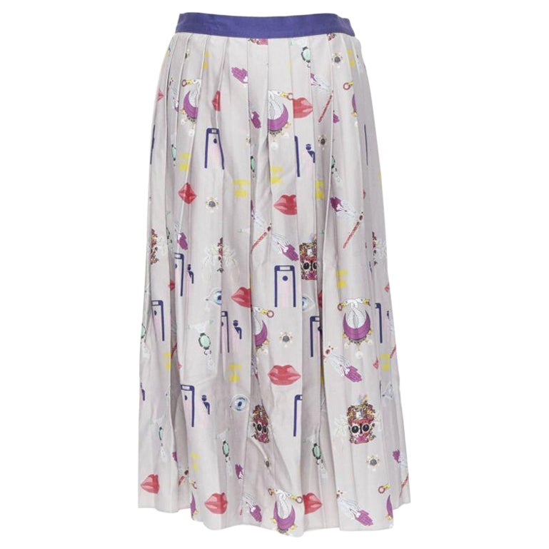 MARY KATRANTZOU grey mixed illustration print pleated midi flared skirt UK10 27" For Sale