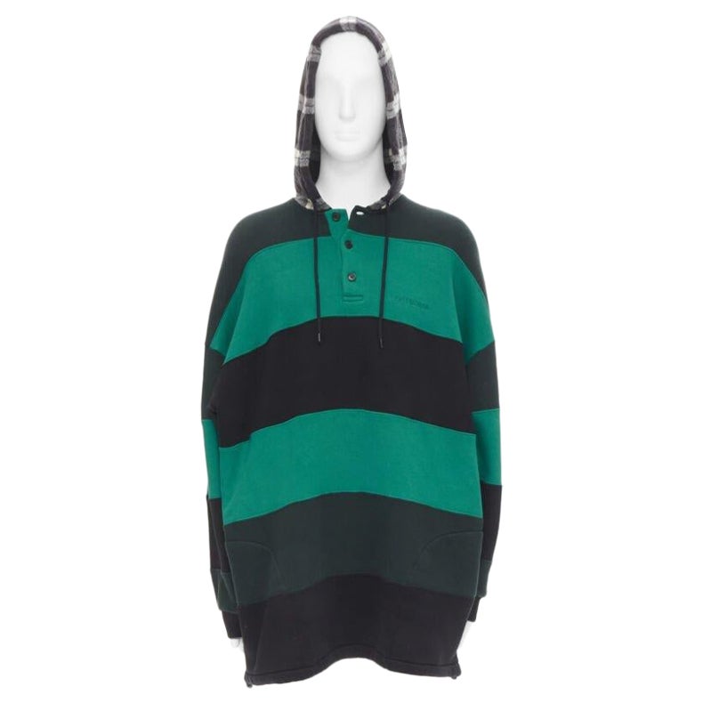 BALENCIAGA Demna green black striped patchwork checked hoodie sweater L For Sale