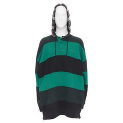 BALENCIAGA Demna green black striped patchwork checked hoodie sweater L