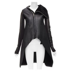 Used RICK OWENS black lamb leather shearling lined asymmetric coat IT38 XS