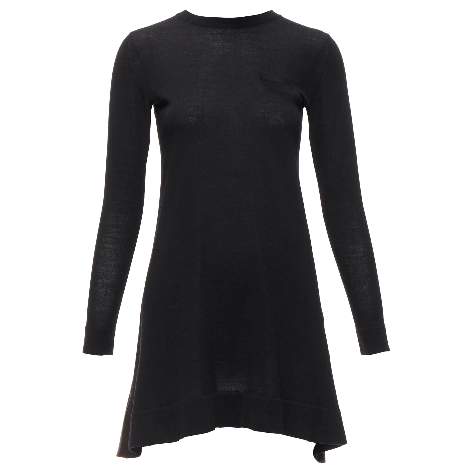 SACAI LUCK black wool inverted pleat back satin flared sweater dress JP1 S For Sale