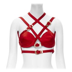 VERSACE 2019 Runway S&M Bondage Tribute red silk gold buckle bra top IT40 S