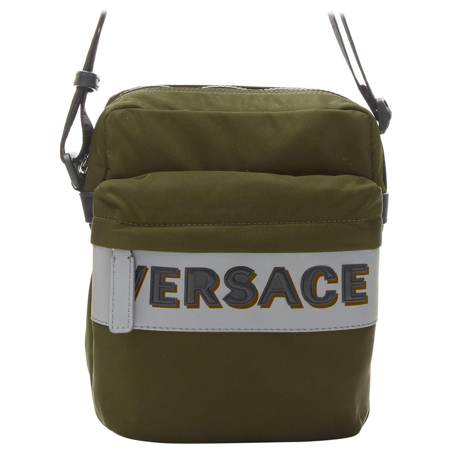 VERSACE reflective logo green nylon Greca strap crossbody messenger bag For Sale
