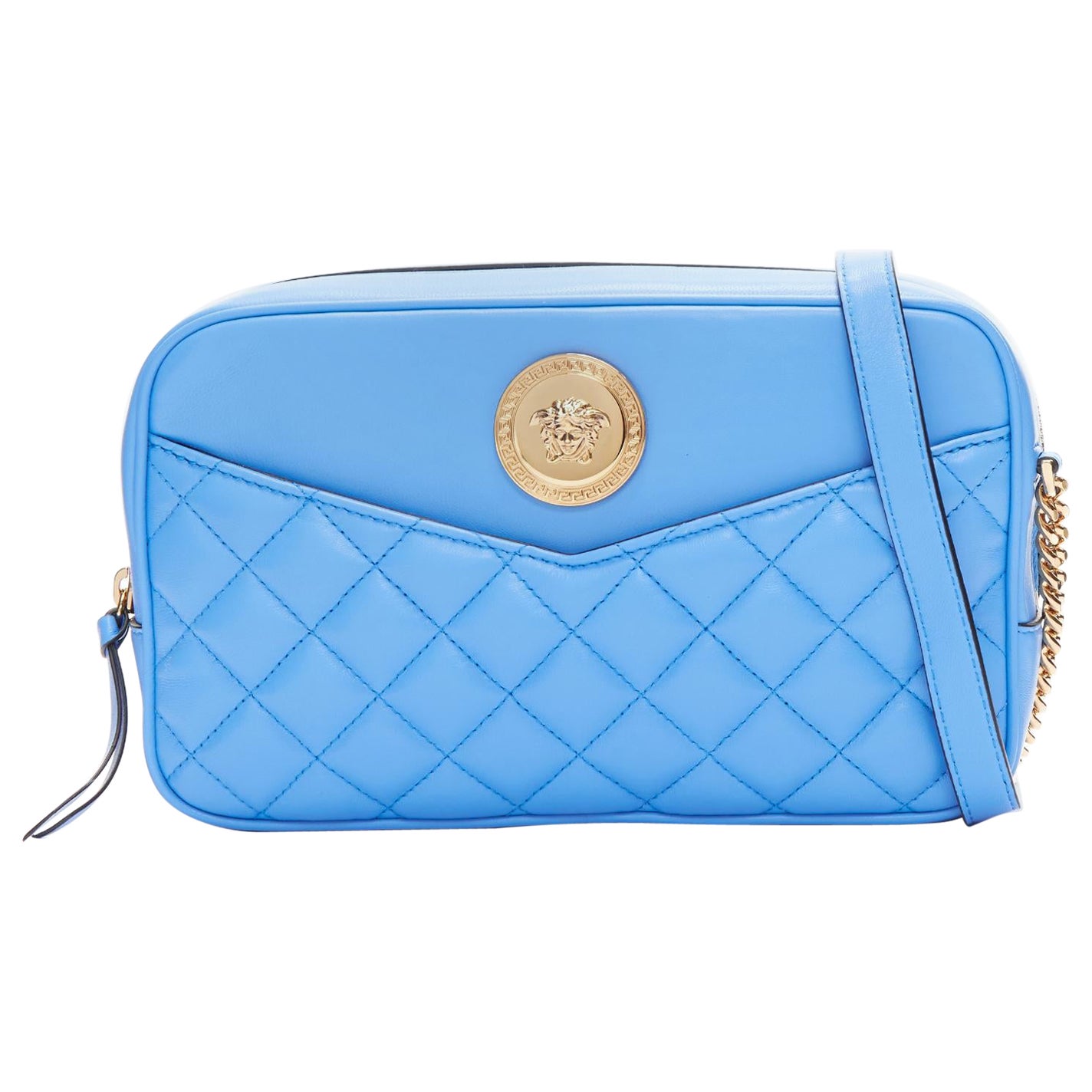 VERSACE blue lambskin leather quilted gold Medusa chain crossbody bag Medium For Sale
