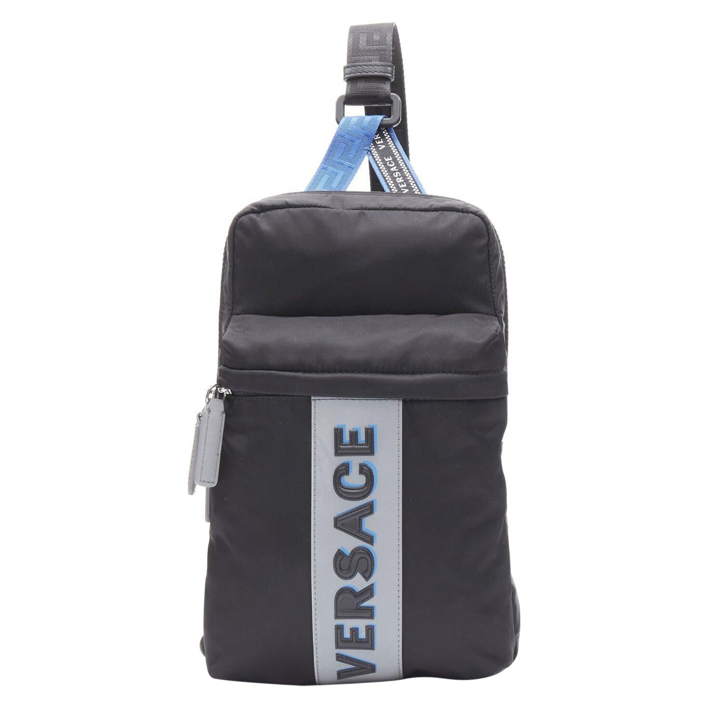 VERSACE reflective logo black nylon Greca sports strap sling crossbody bag For Sale