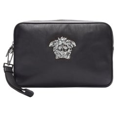 VERSACE Palazzo Medusa black lambskin leather silver zip wristlet clutch bag