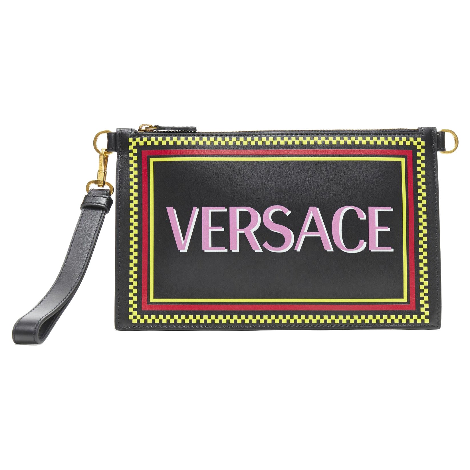 VERSACE 90s graphic logo black calf zip pouch crossbody clutch bag For Sale