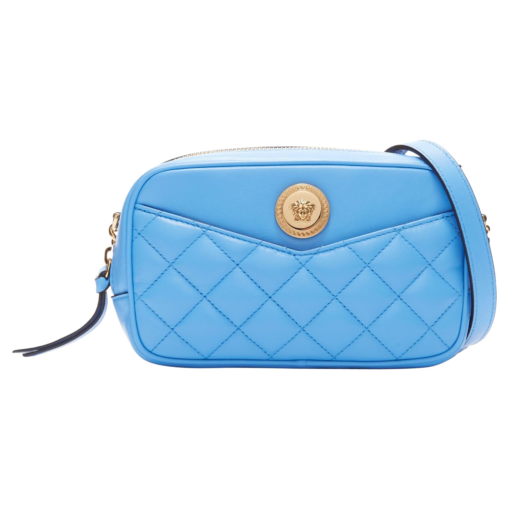 VERSACE blue lambskin leather quilted gold Medusa chain crossbody bag Small For Sale