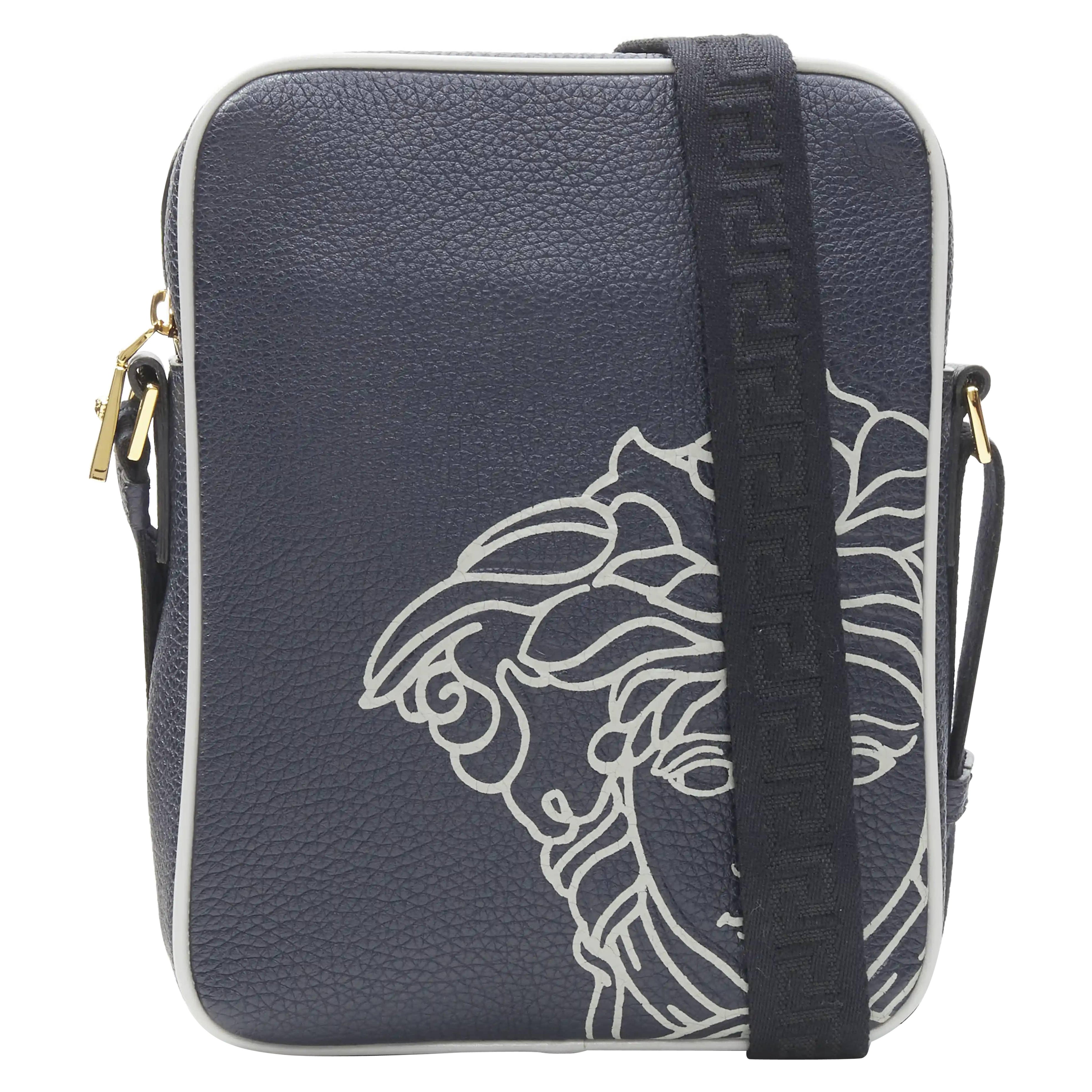 VERSACE Pop Medusa navy grey calf leather Greca crossbody messenger bag For Sale