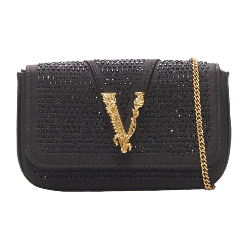 VERSACE Virtus Barocco black crystal embellished flap crossbody clutch bag For Sale