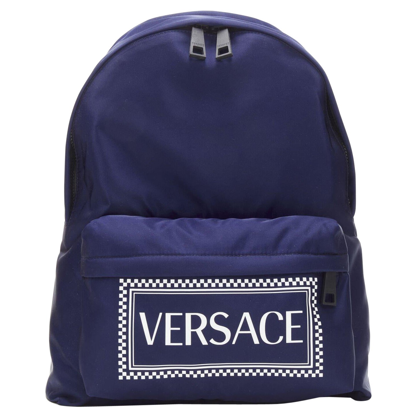VERSACE 90's Box Logo navy blue nylon Greca strap backpack For Sale