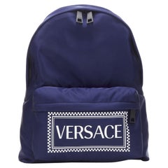 Used VERSACE 90's Box Logo navy blue nylon Greca strap backpack